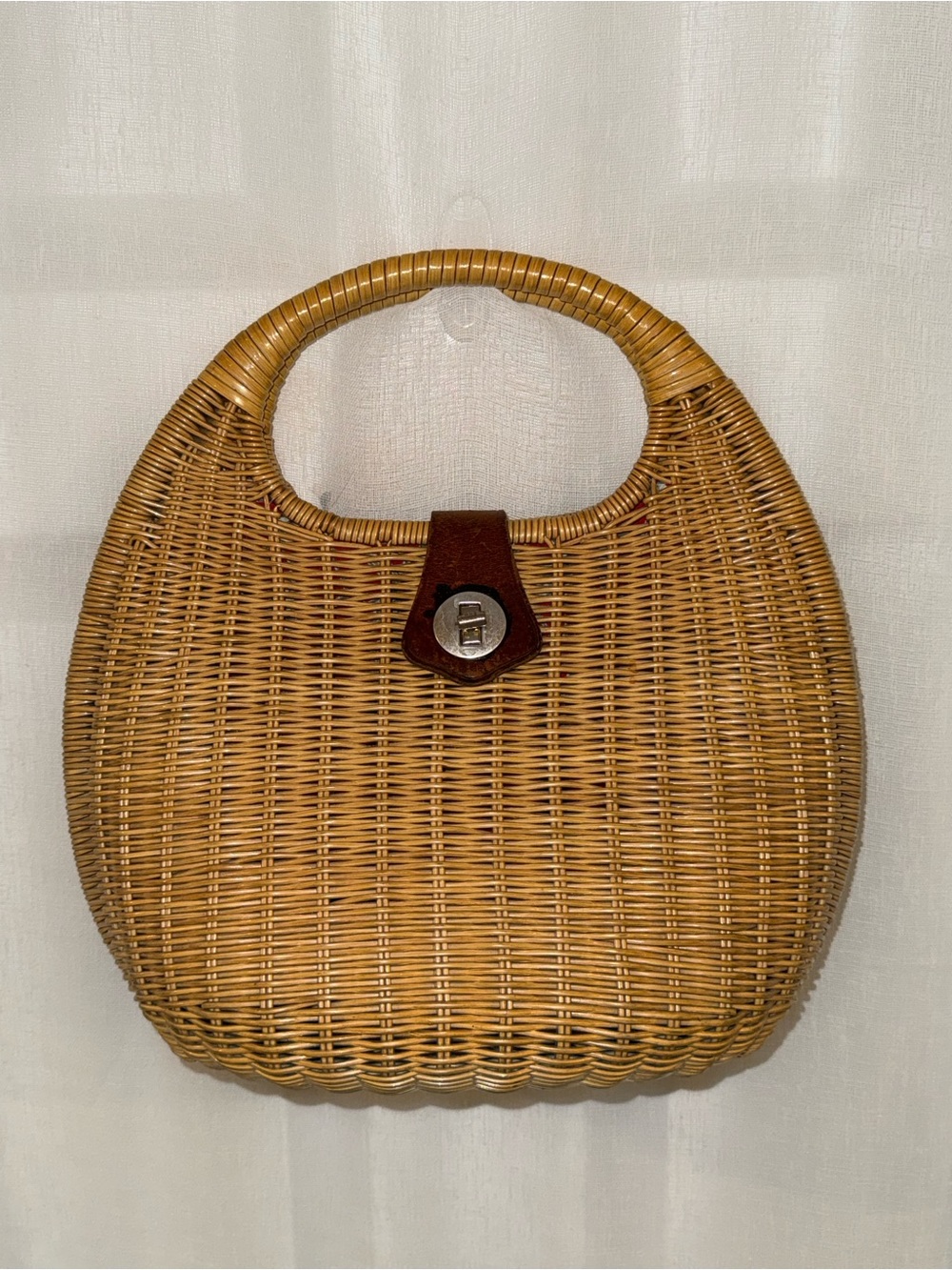 Vintage Wicker Rattan Handbag Top Handle Boho Basket Purse Leather Clasp Lined